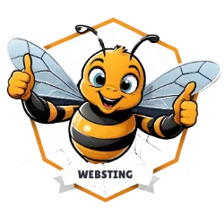 Websting.app logo featuring a friendly cartoon bee mascot giving a thumbs-up, with two semi-transparent wings and the word “Websting” in bold, modern lettering.