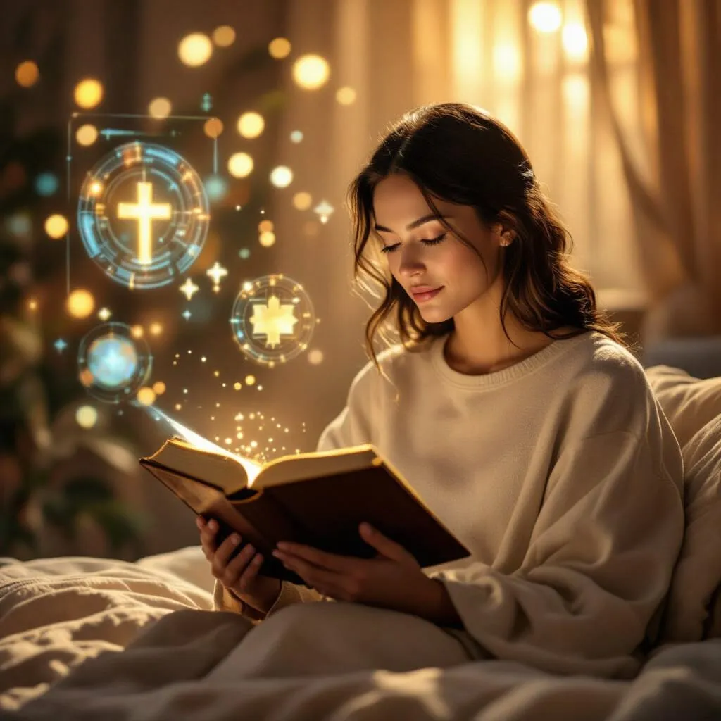 A woman sits on a bed reading a book, bathed in warm light, with glowing digital crosses and spiritual symbols floating around her, creating a peaceful, contemplative atmosphere.