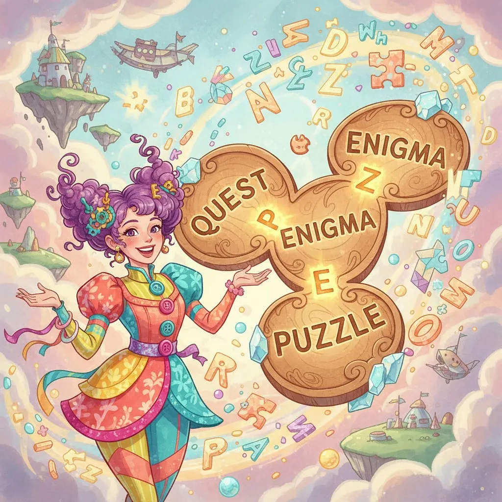 A cheerful woman in colorful clothes stands in a whimsical, floating landscape with castles and airships. She gestures to glowing words—“QUEST,” “PUZZLE,” “ENIGMA”—surrounded by flying letters and magical sparkles.