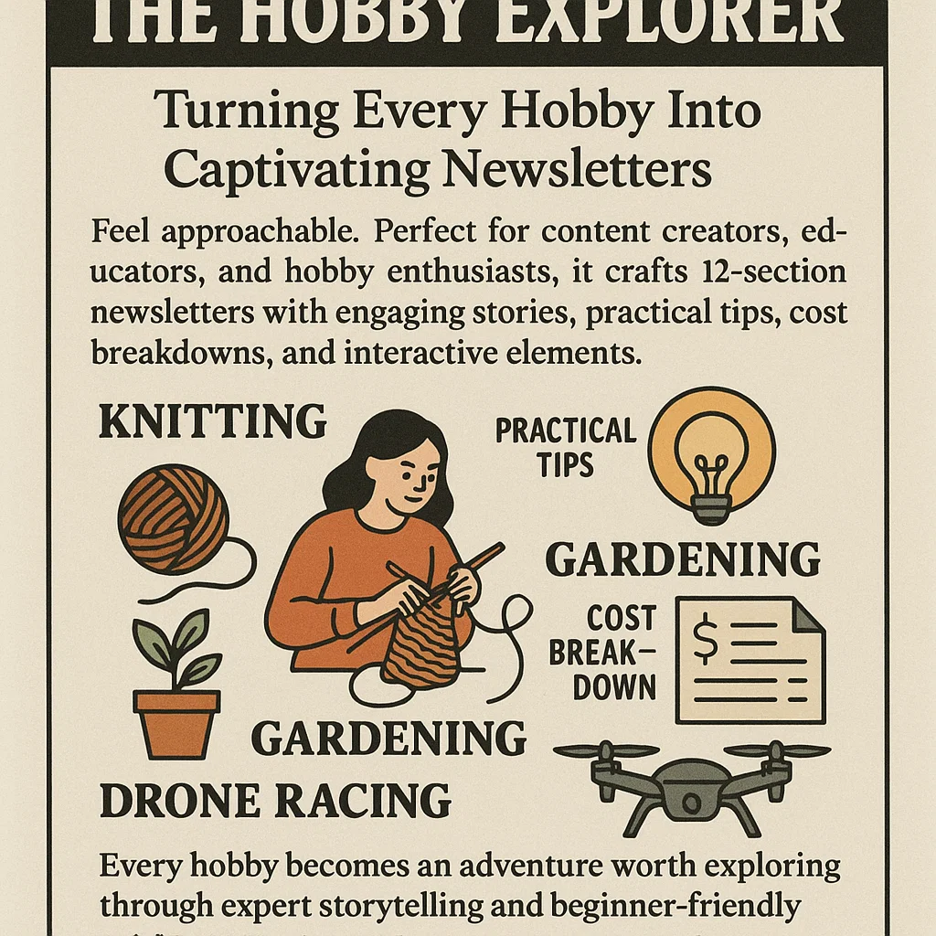 A vintage-style poster titled The Hobby Explorer promotes newsletters on hobbies like knitting, gardening, and drone racing, featuring illustrations of a woman knitting, a lightbulb, plants, and a drone with cost breakdown charts.